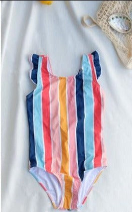Striped Girls Swimsuit Ruffle Sleeves - Gettin Shady